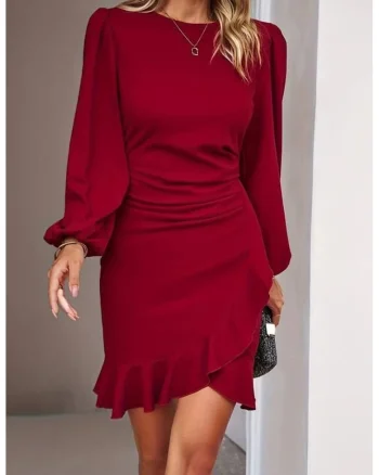 Rochie Midi  guler rotund, cu volanase, rosu, crep