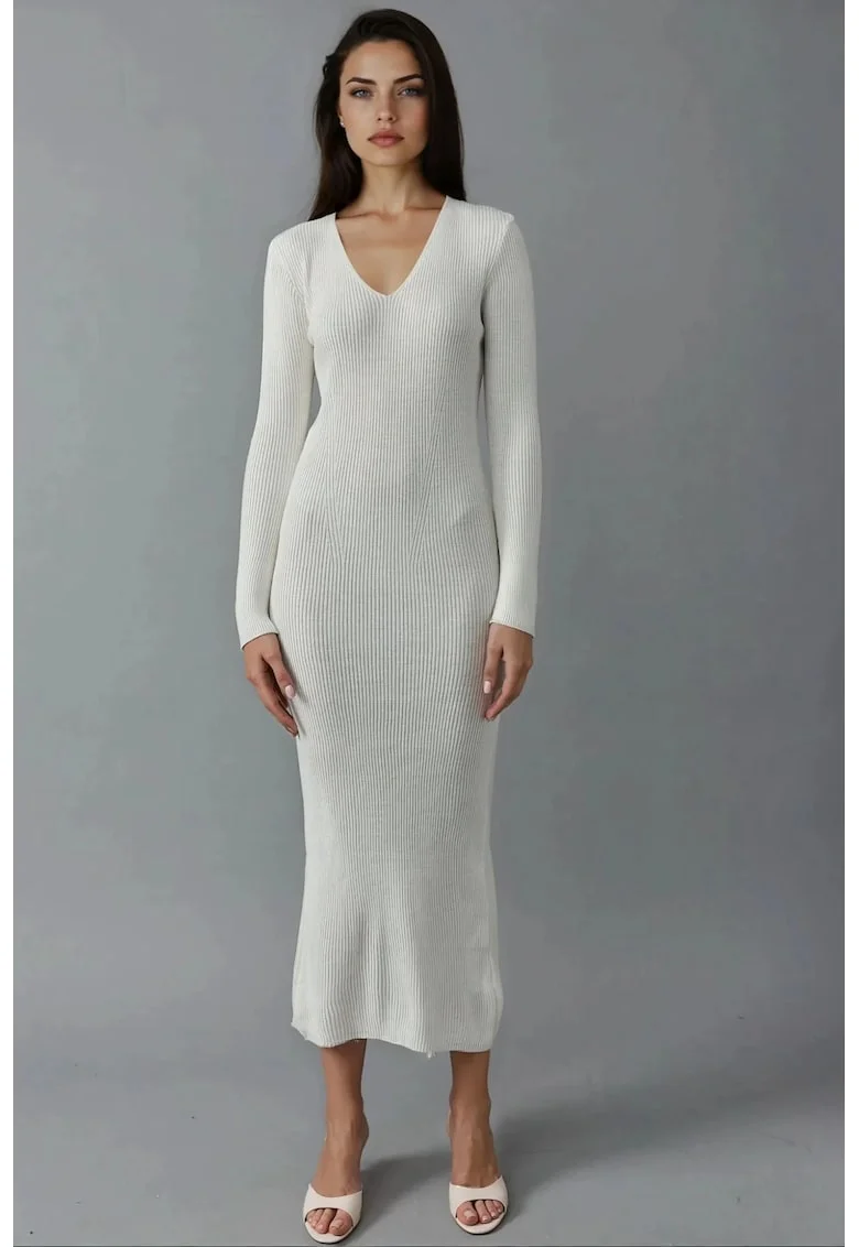 Rochie maxi,  tricotata, decolteu in V, alb praf, tricot,