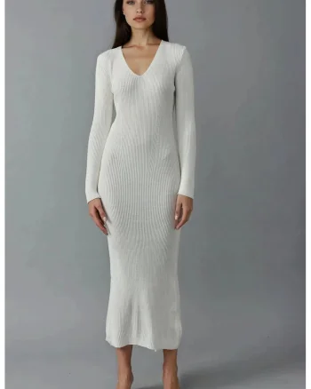 Rochie maxi,  tricotata, decolteu in V, alb praf, tricot,