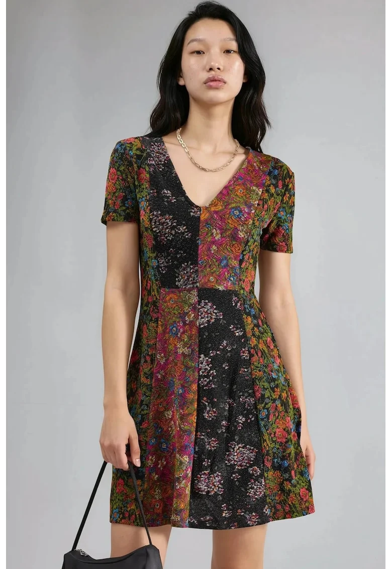 Rochie mini,  linie A, decolteu in V, floral, multicolor, jerseu