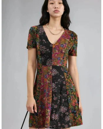Rochie mini,  linie A, decolteu in V, floral, multicolor, jerseu