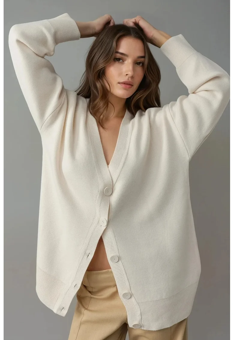Cardigan dama,  supradimensionat, decolteu in V, crem, acril, One Size