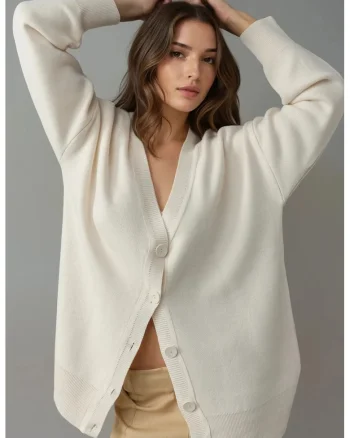 Cardigan dama,  supradimensionat, decolteu in V, crem, acril, One Size