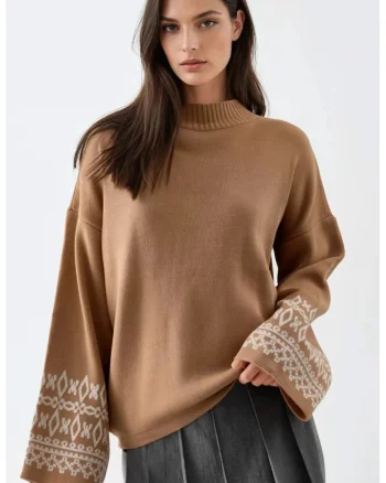 Pulover dama  guler rotund, detalii striate, maro, acril, One Size