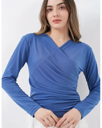 Bluza dama  maneca lunga, dublu-breasted, detalii de incretire, Oxford Blue, jerseu