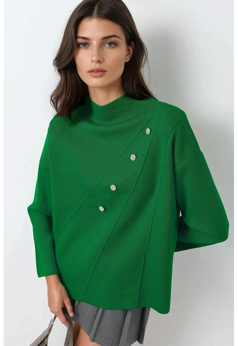 Pulover dama,  tricotat, cu nasturi, verde, acril, One Size