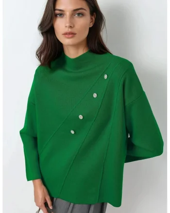 Pulover dama,  tricotat, cu nasturi, verde, acril, One Size