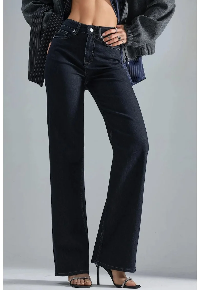 Blugi dama  talie inalta, picior larg, albastru inchis, denim