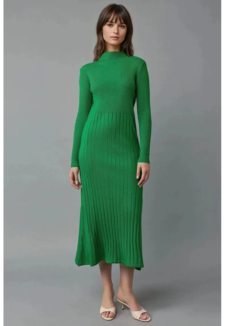 Rochie tricotata,  mulata cu guler semi-inalt, verde, tricot 100% acrilic,