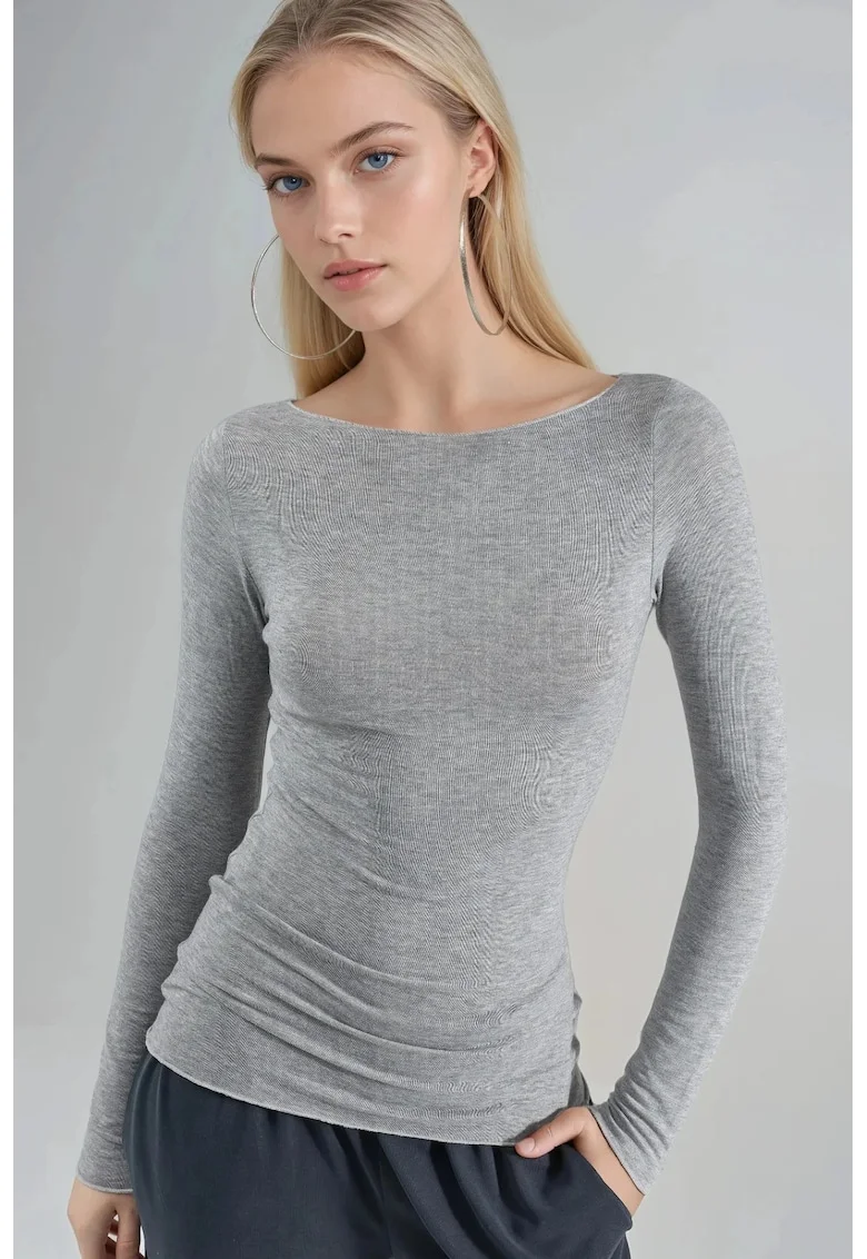 Bluza dama  decolteu barca, maneci lungi, gri, jerseu