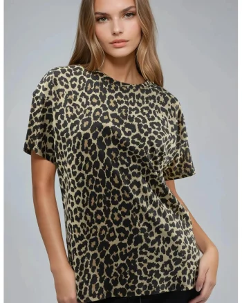 Tricou dama,  supradimensionat, imprimeu leopard, maro, jerseu