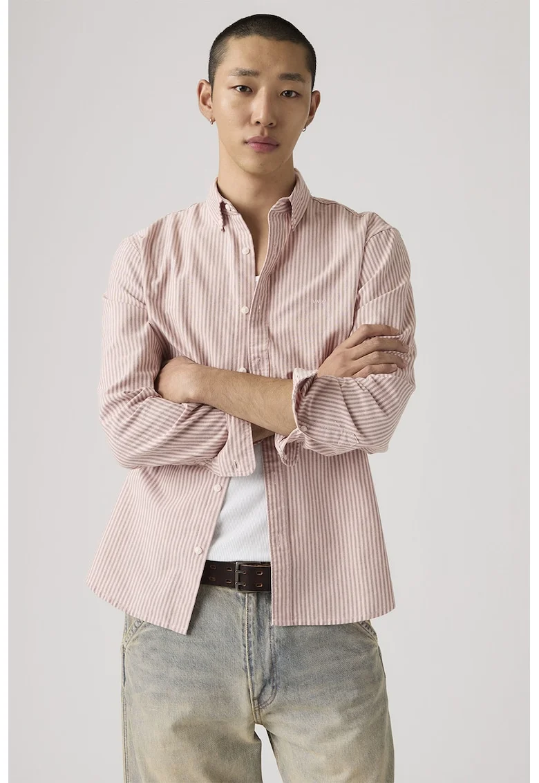 Camasa relaxed fit de bumbac Authentic, Alb/Roz pal
