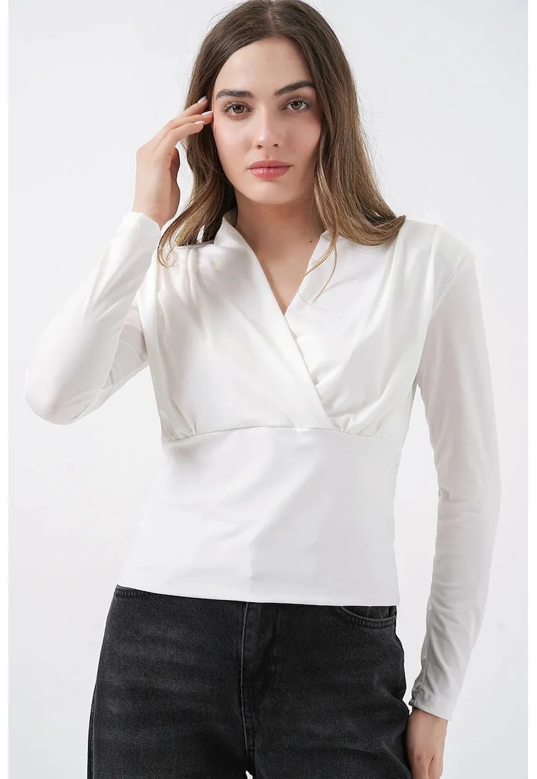Bluza dama,  decolteu in V, drapaj, alb, jerseu