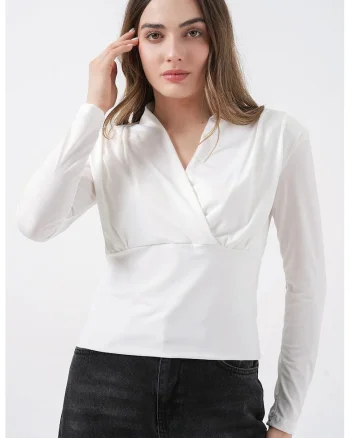 Bluza dama,  decolteu in V, drapaj, alb, jerseu