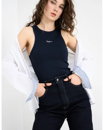 Top cambrat cu logo brodat Marian, Albastru inchis