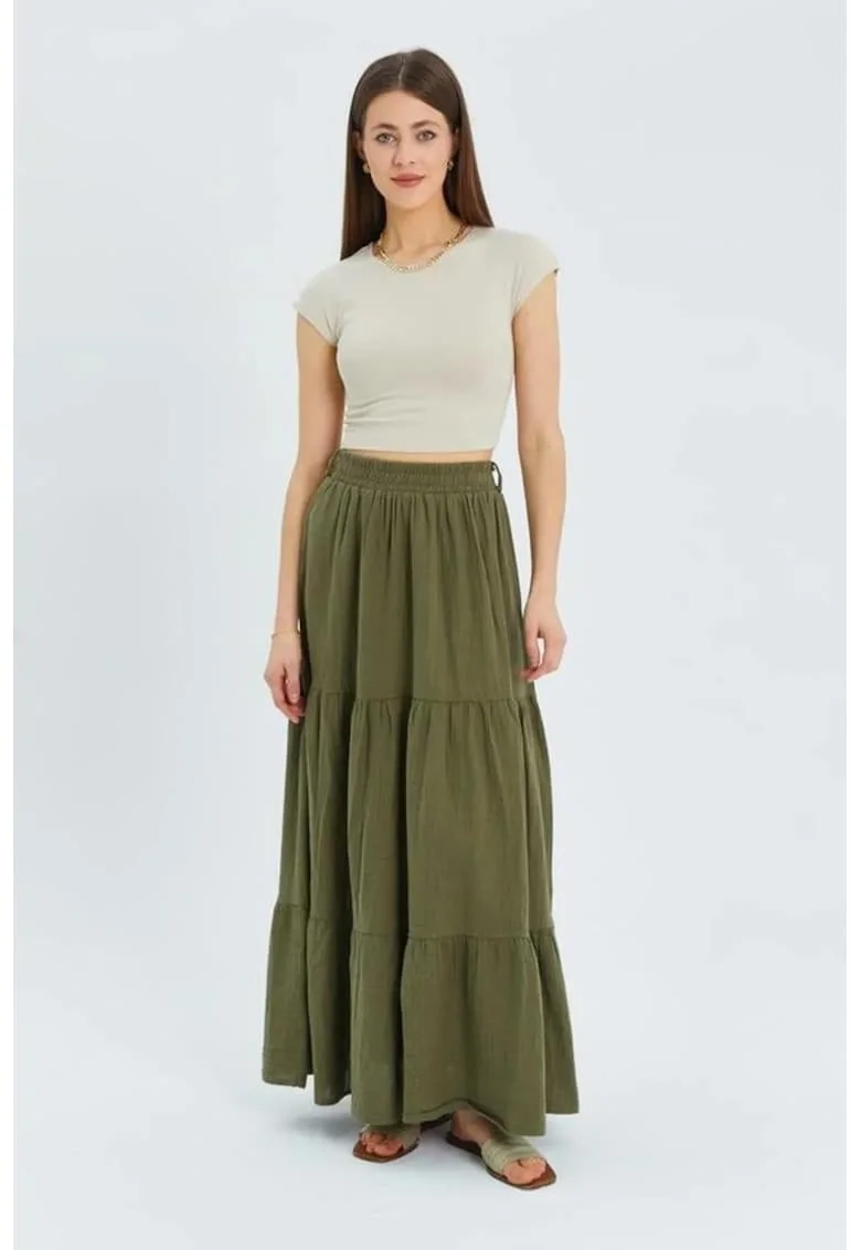 Fusta Maxi  bumbac, kaki, Kaki