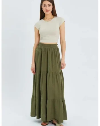 Fusta Maxi  bumbac, kaki, Kaki
