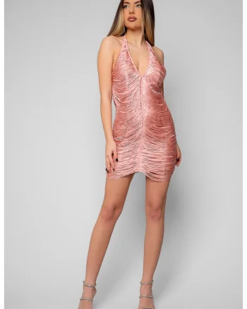 Rochie mini cu aplicatii tip franjuri Rose Quartz 20382, Roz prafuit
