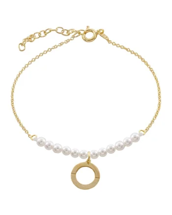 Bratara placata cu aur de 18K, perle si talisman, Alb/Auriu