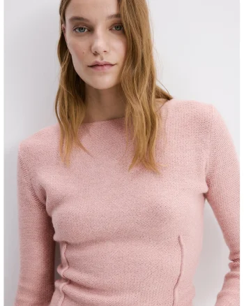 Pulover slim-fit din amestec de lana cu decolteu barcuta, Roz pal
