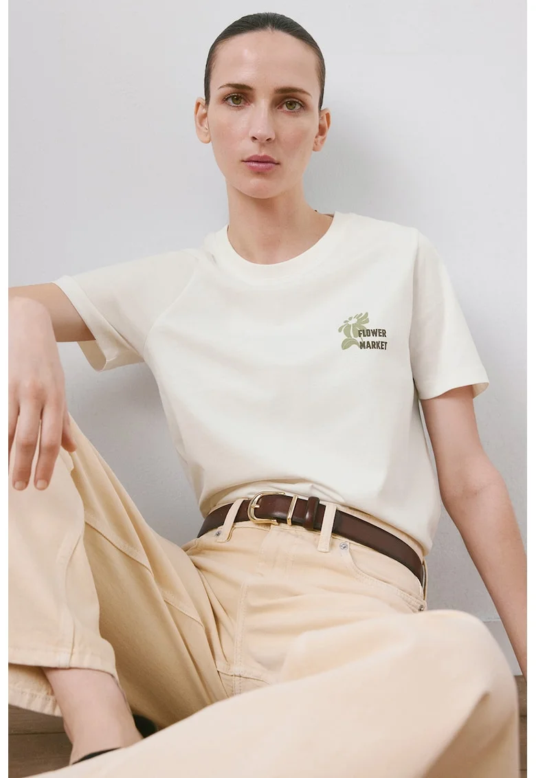 Tricou din bumbac cu decolteu la baza gatului, Kaki/Crem