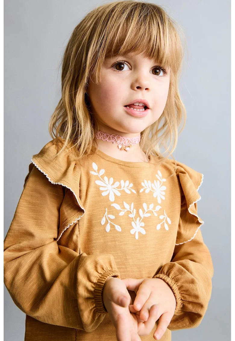Bluza cu broderii florale, Alb/Portocaliu stins