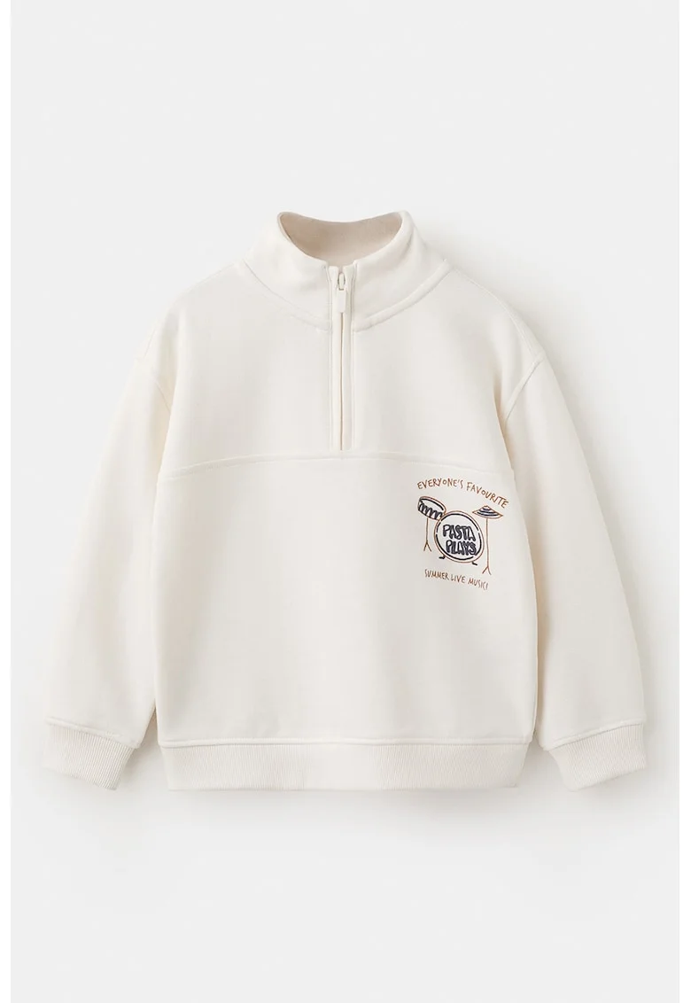 Bluza de trening cu fenta cu fermoar si imprimeu pe partea din spate, Bej deschis