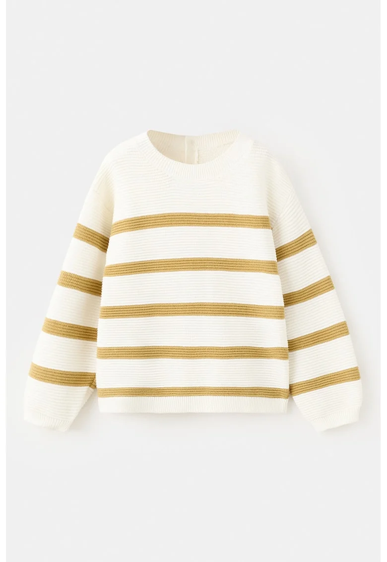 Pulover din bumbac cu model in dungi si maneci cazute, Maro nisip/Crem