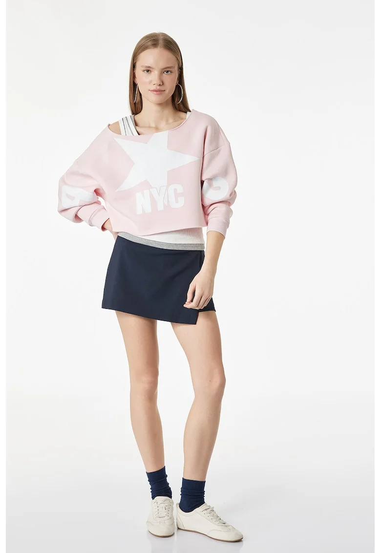 Bluza de trening crop cu croiala supradimensionata si maneci cazute, Alb optic/Roz pal