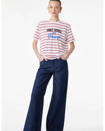Tricou cu decolteu la baza gatului si imprimeu, Rosu/Negru/Alb murdar