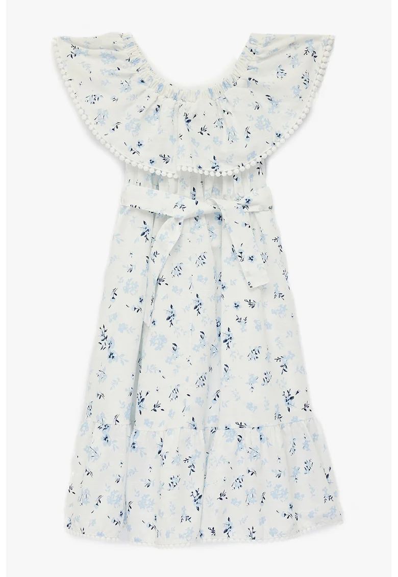 Rochie cu model floral si decolteu pe un umar, Alb murdar/Albastru deschis/Bleumarin