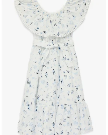 Rochie cu model floral si decolteu pe un umar, Alb murdar/Albastru deschis/Bleumarin