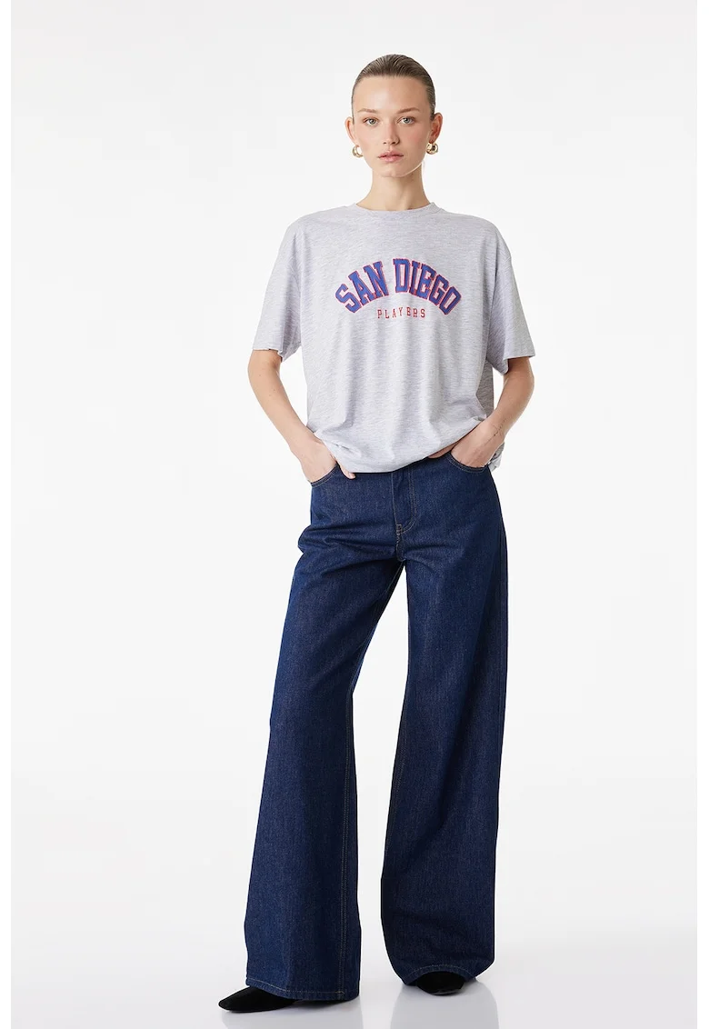 Tricou din amestec de bumbac cu imprimeu text, Violet/Gri melange