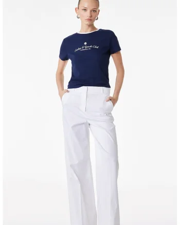 Tricou cu decolteu la baza gatului si imprimeu text, Alb/Albastru ultramarin