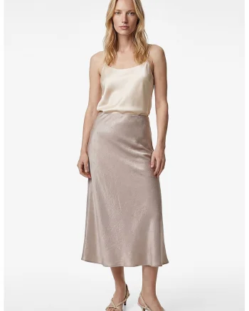 Fusta midi cu aspect de satin, Maro taupe deschis