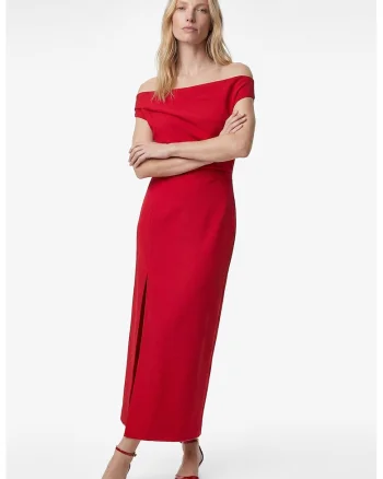 Rochie lunga cu croiala cambrata si model uni, Rosu vermillion