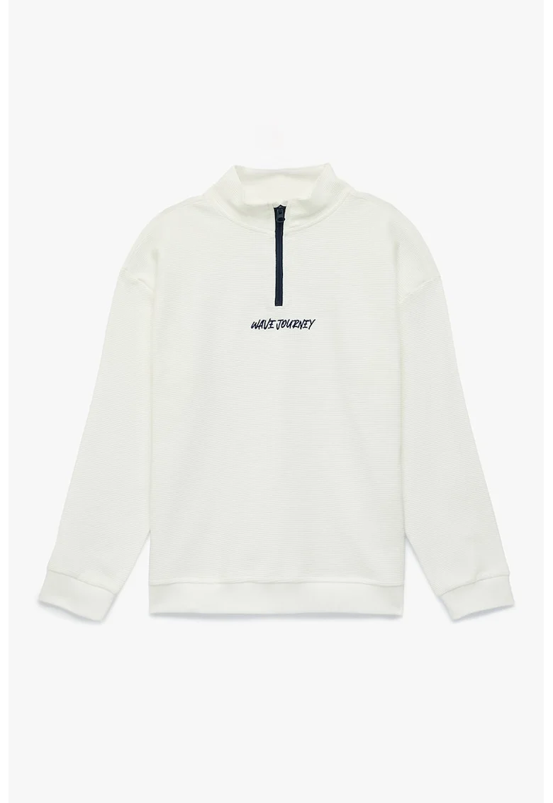 Bluza striata cu fenta cu fermoar, Alb fildes/Albastru inchis