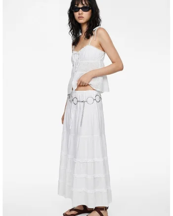 Fusta maxi de bumbac cu snur, Alb