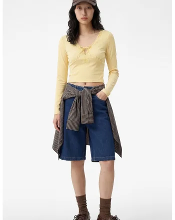Bluza slim fit cu decolteu adanc in V, Galben