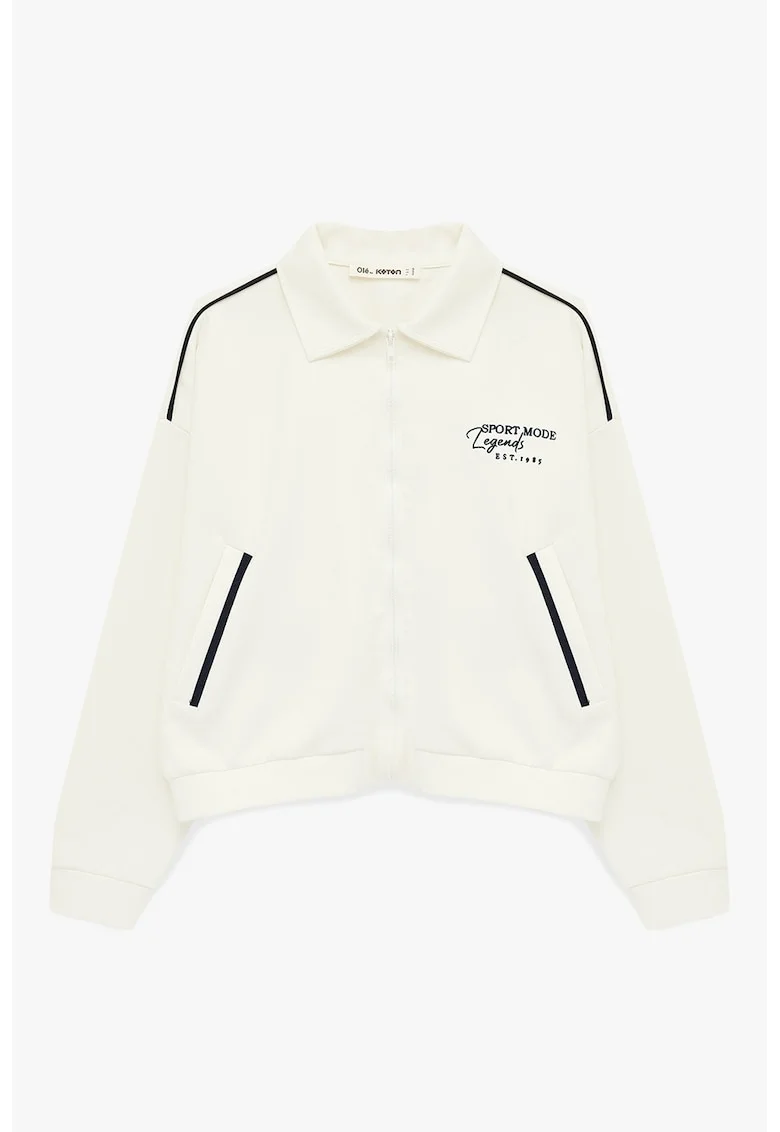 Bluza supradimensionata de trening cu fermoar si text brodat, Alb fildes/Negru