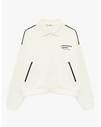 Bluza supradimensionata de trening cu fermoar si text brodat, Alb fildes/Negru