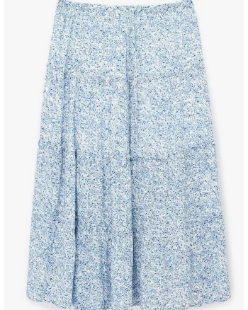Fusta maxi cu model floral si snur, Alb/Albastru