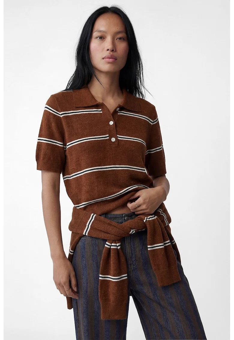 Pulover polo cu maneci scurte, Alb/Maro