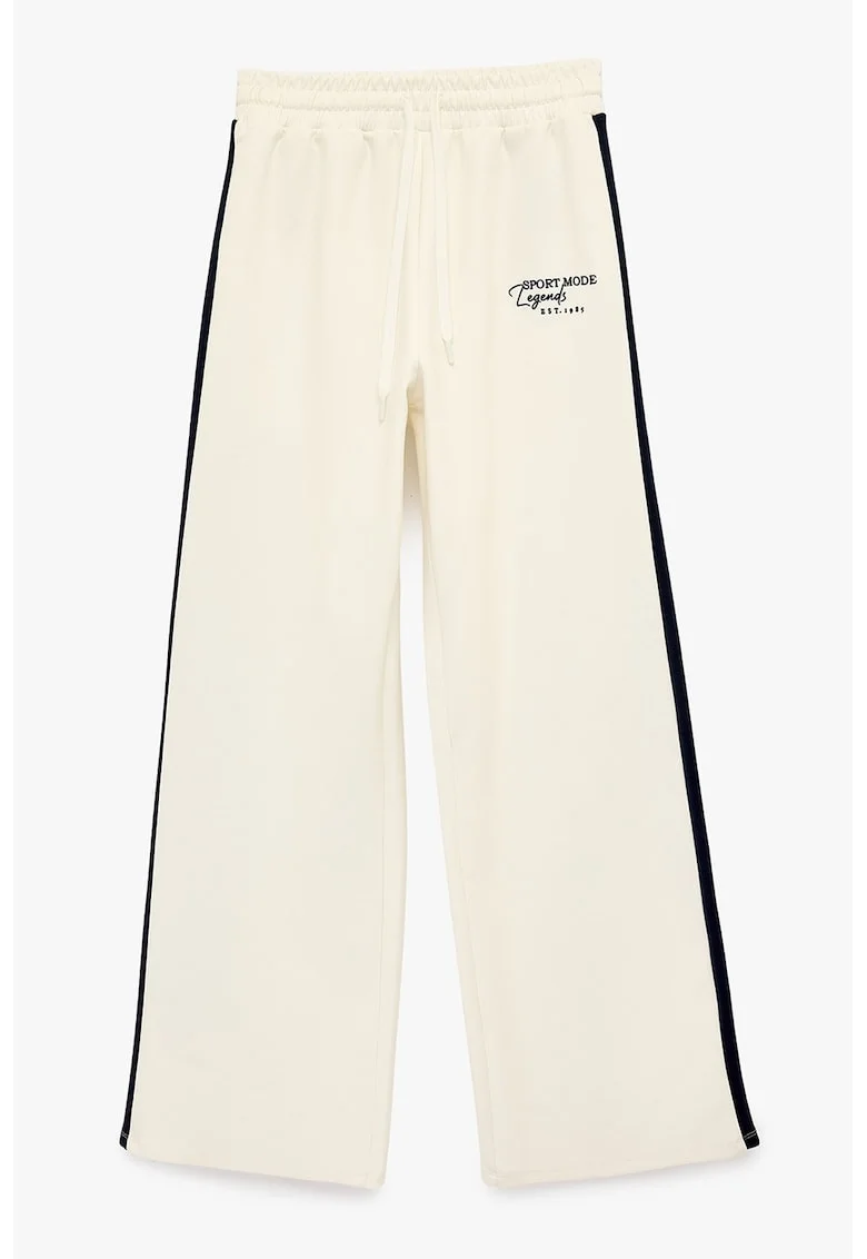 Pantaloni de trening cu imprimeu text, Alb fildes/Negru