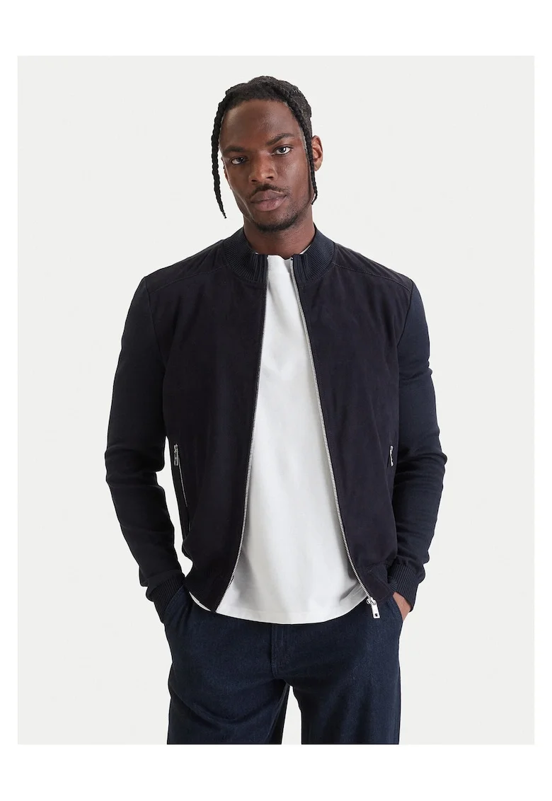 Geaca bomber barbati,  piele intoarsa, bleumarin, slim fit