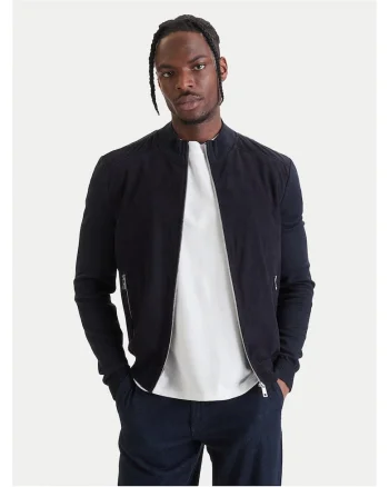 Geaca bomber barbati,  piele intoarsa, bleumarin, slim fit