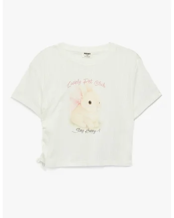 Tricou crop cu imprimeu iepure, Alb fildes/Galben pal