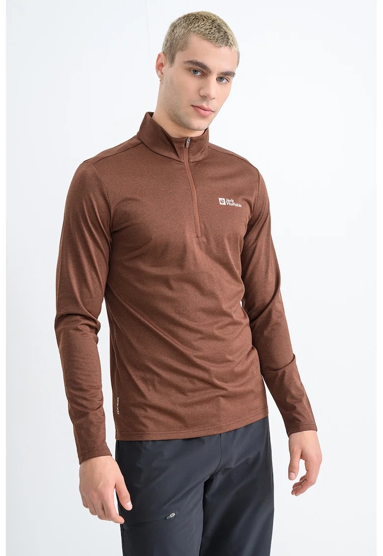 Bluza termica slim fit cu fenta cu fermoar pentru ski, Maro inchis/Negru