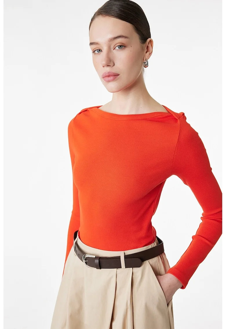 Bluza striata cu decolteu barcuta, Rosu vermillion