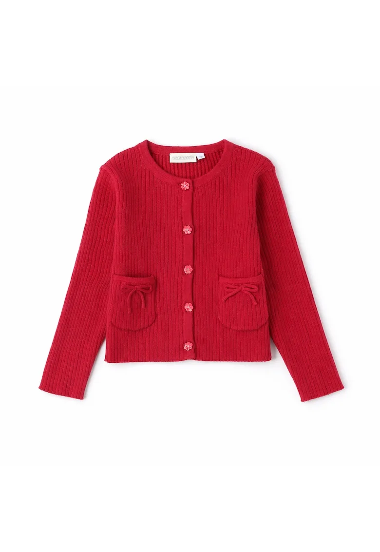 Cardigan fete  din tricot cu striatii, cu buzunare si fundite decorative nasturi cu strasuri Rosu